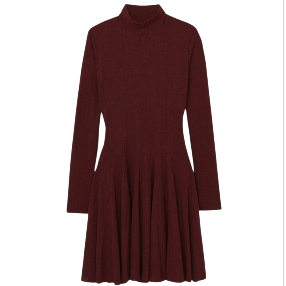 Reiss Savannah Jersey Ribbed Flared Mini Dress Burgundy Sz 10 - Picture 3 of 16
